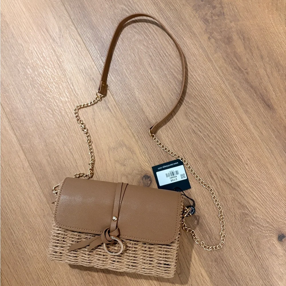Woven Crossbody Bag with Leather Flap - Tan - Picture 5 of 5